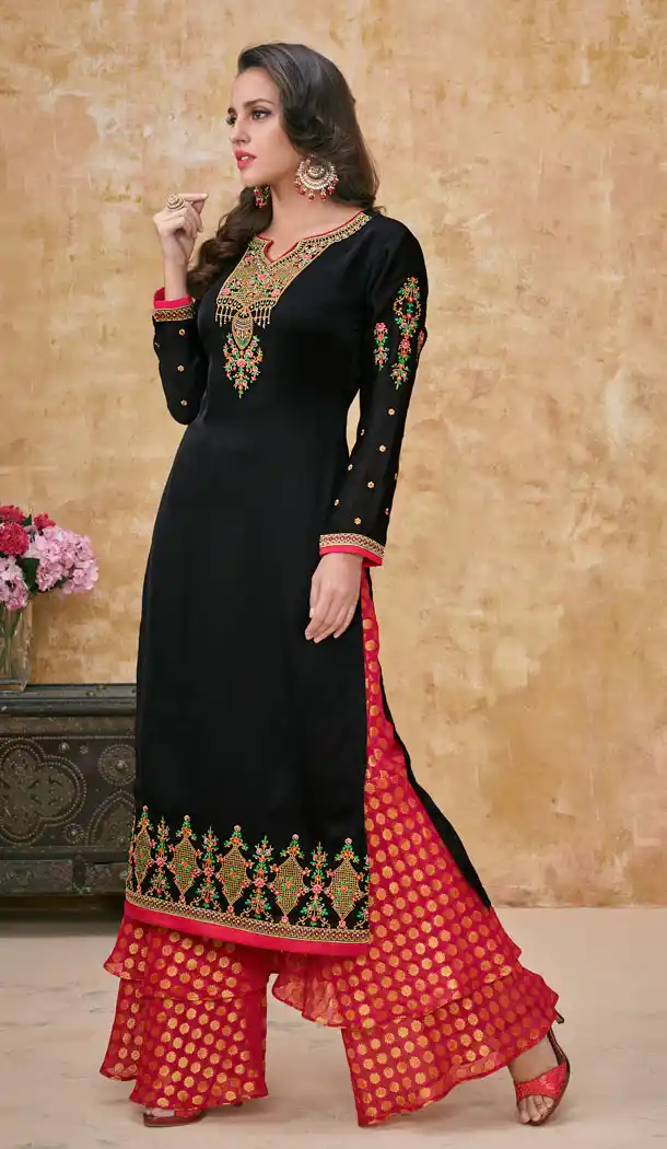 Black Color Satin Georgette Party Salwar Kameez - 63563763