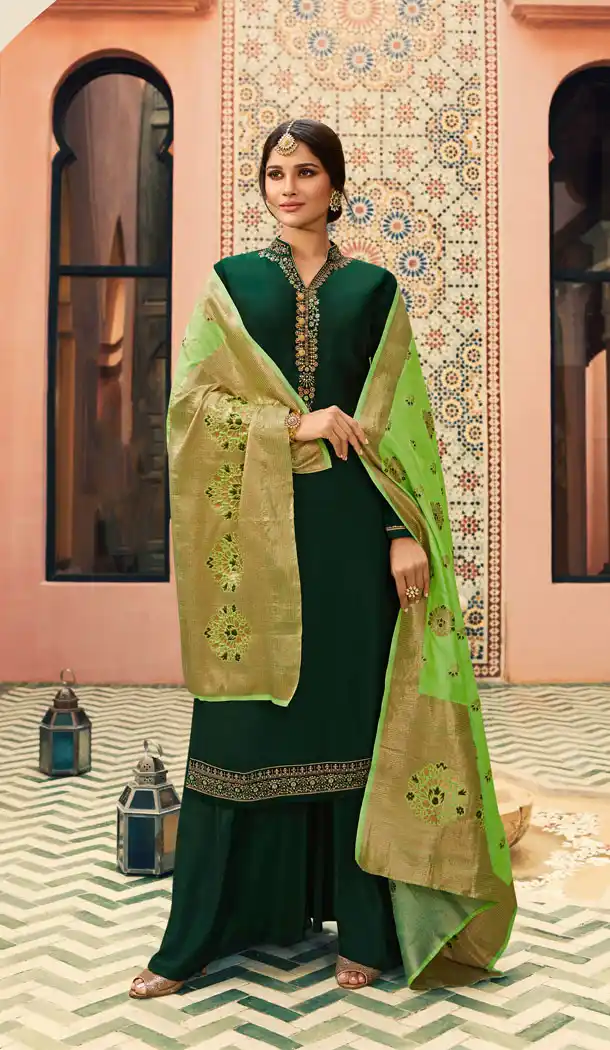 Straight Cut Style Dark Green Color Georgette Salwar Kameez - 63633826