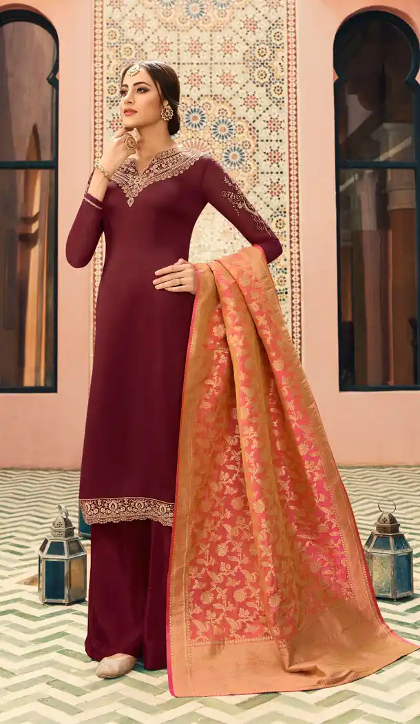 Straight Cut Style Maroon Color Georgette Salwar Kameez - 63633827