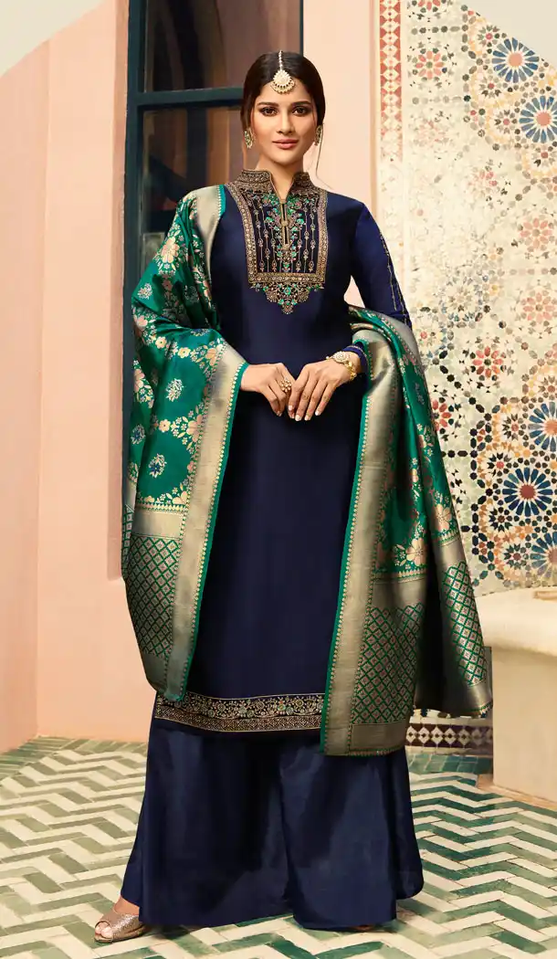 Straight Cut Style Navy Blue Color Georgette Salwar Kameez - 63633828