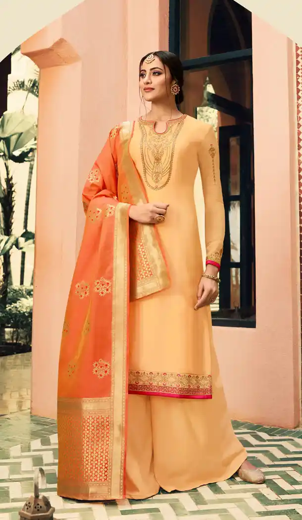 Straight Cut Style Light Orange Color Georgette Salwar Kameez - 63633829