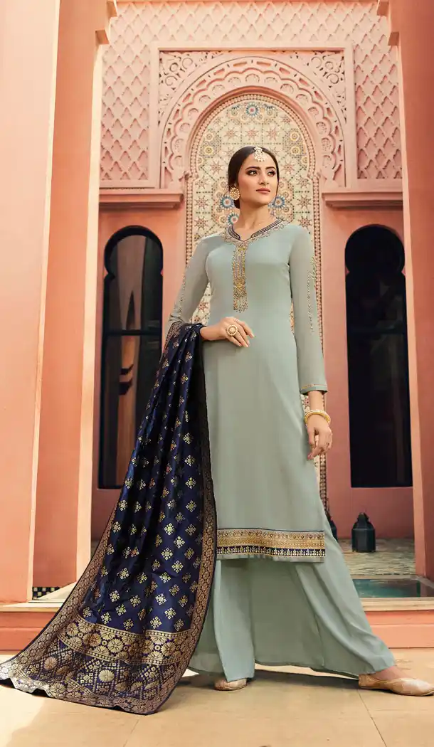 Straight Cut Style Steel Blue Color Georgette Salwar Kameez - 63633830
