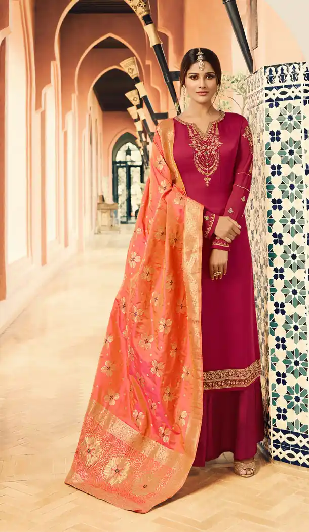 Straight Cut Style Dark Pink Color Georgette Salwar Kameez - 63633832