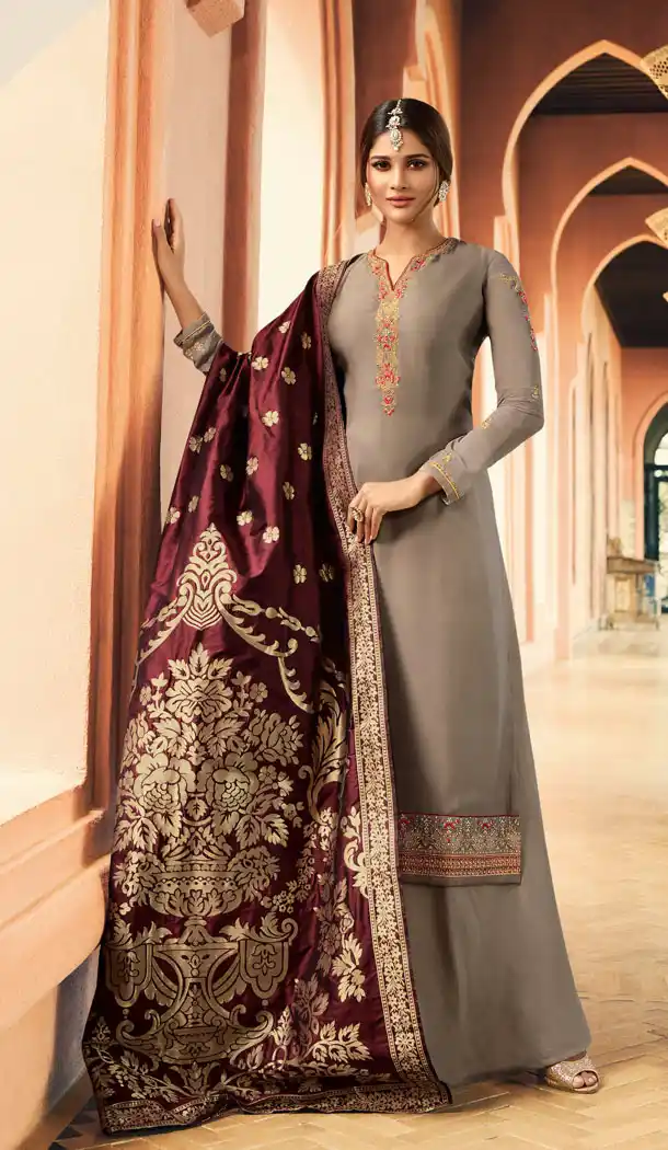 Straight Cut Style Grey Color Georgette Salwar Kameez - 63633833