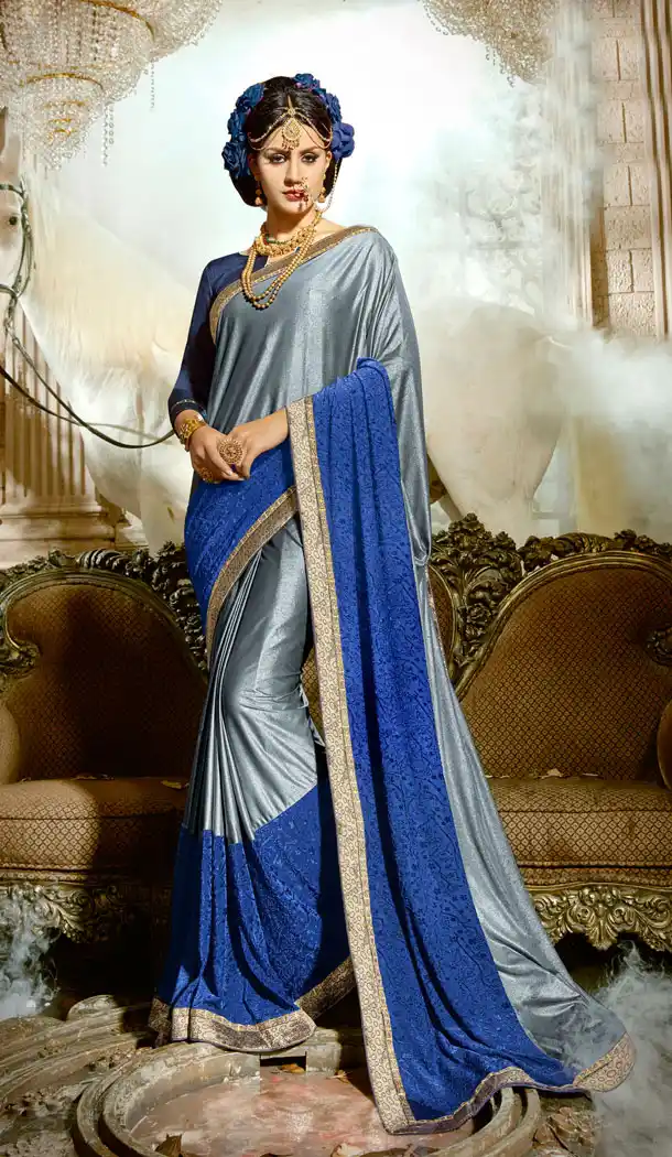 Two Tone Grey Blue Chinese Imported Party Wear Plus Size Sarees
