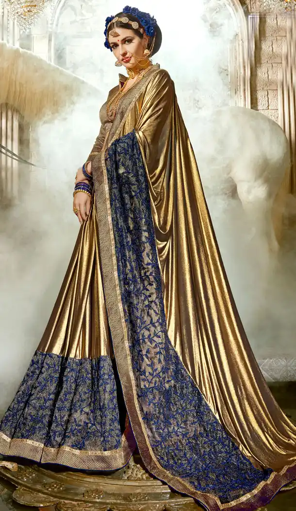 Golden And Blue Chinese Imported Party Wear Plus Size Sarees - 494460750