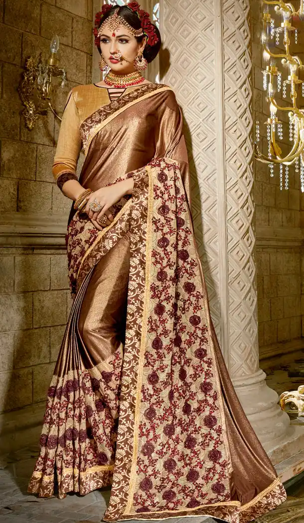 Gold Copper Chinese Imported Party Wear Plus Size Sarees - 494460752