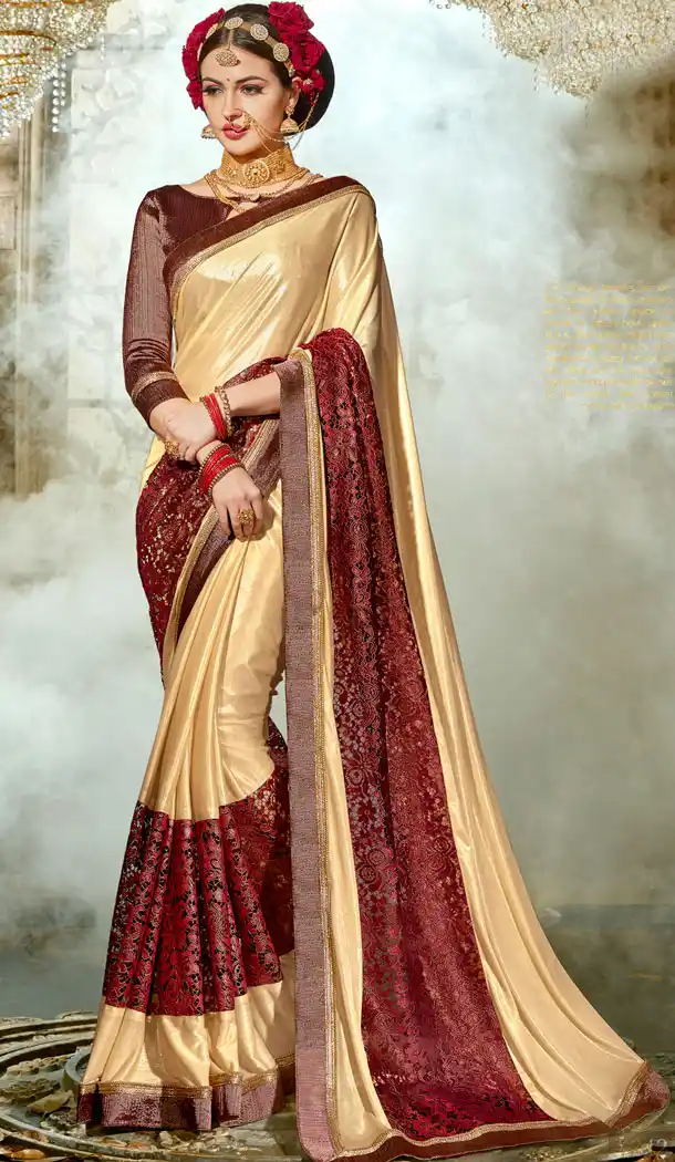Cream And Maroon Chinese Imported Party Wear Plus Size Sarees - 494460757