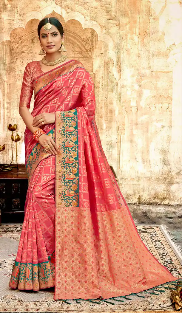 Coral Color Silk Base Traditional Plus Size Sarees - 494560762