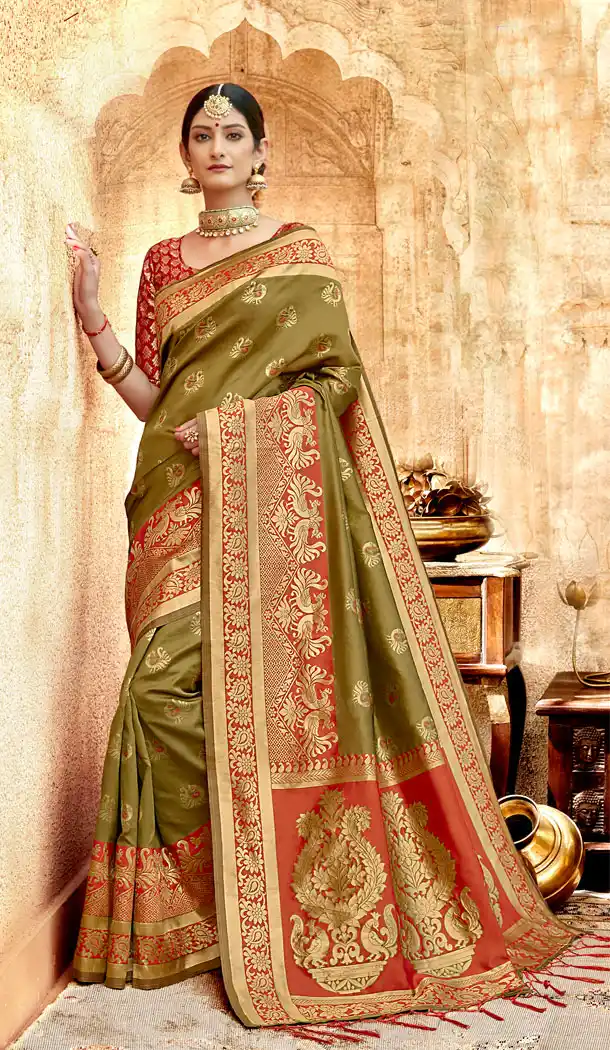 Mehendi And Red Color Silk Base Traditional Plus Size Sarees - 494560765