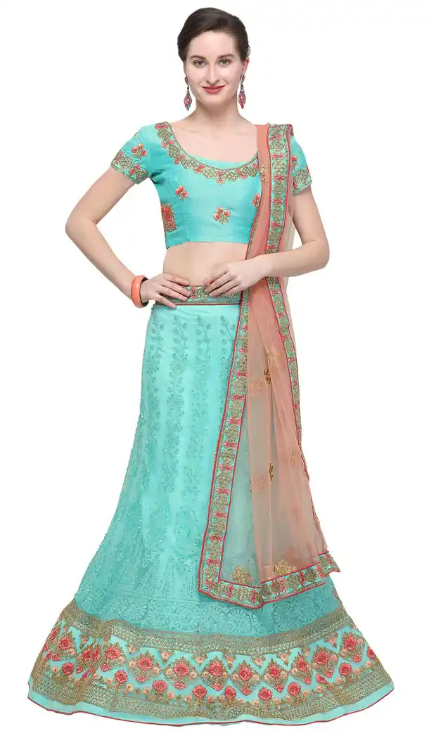 Magnificient Sky Color Net Treditional Wear Lehenga Choli - 494660770