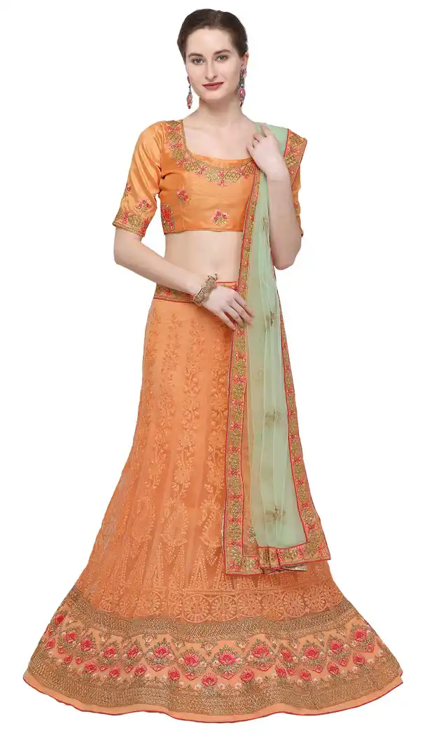 Sparkling Orange Color Net Treditional Wear Lehenga Choli - 494660772