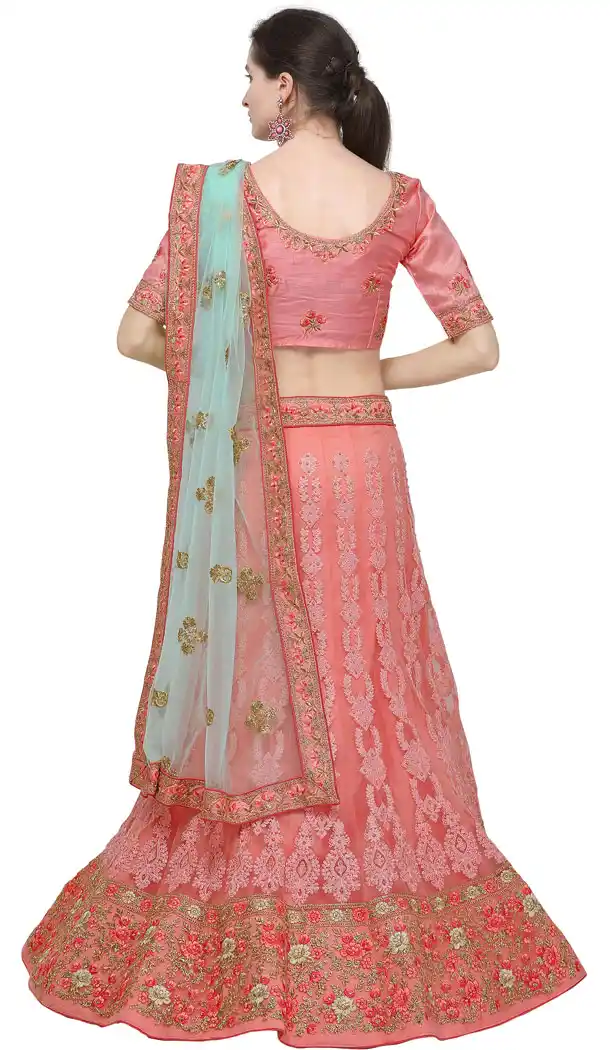 Classy Coral Color Net Treditional Wear Lehenga Choli - 494760776