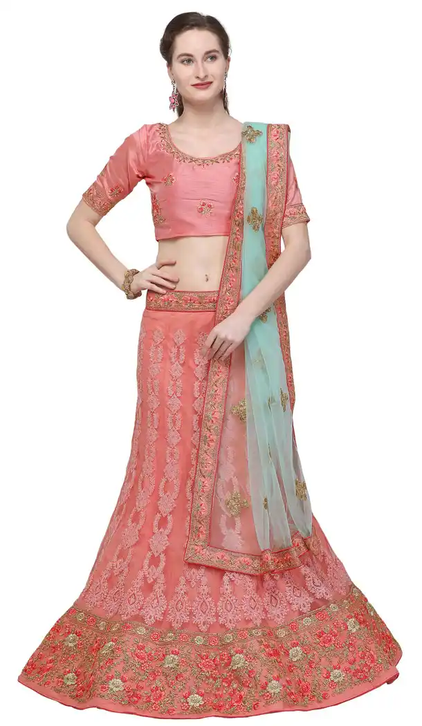Classy Coral Color Net Treditional Wear Lehenga Choli - 494760776