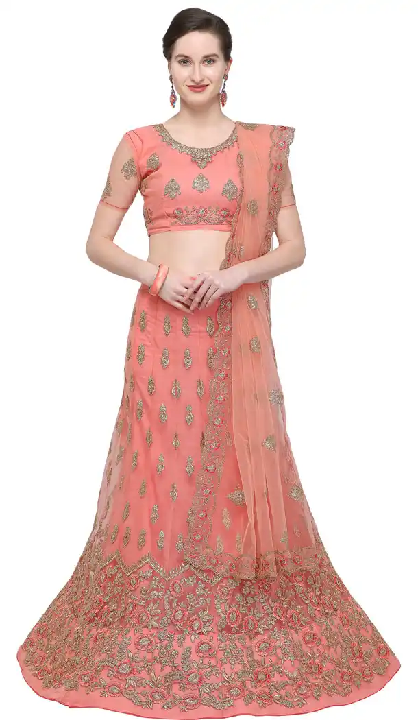 Peach Color Net A Line Treditional Lehenga Choli - 494860782