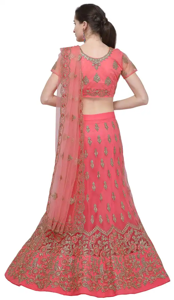 Coral Color Net A Line Treditional Lehenga Choli - 494860784