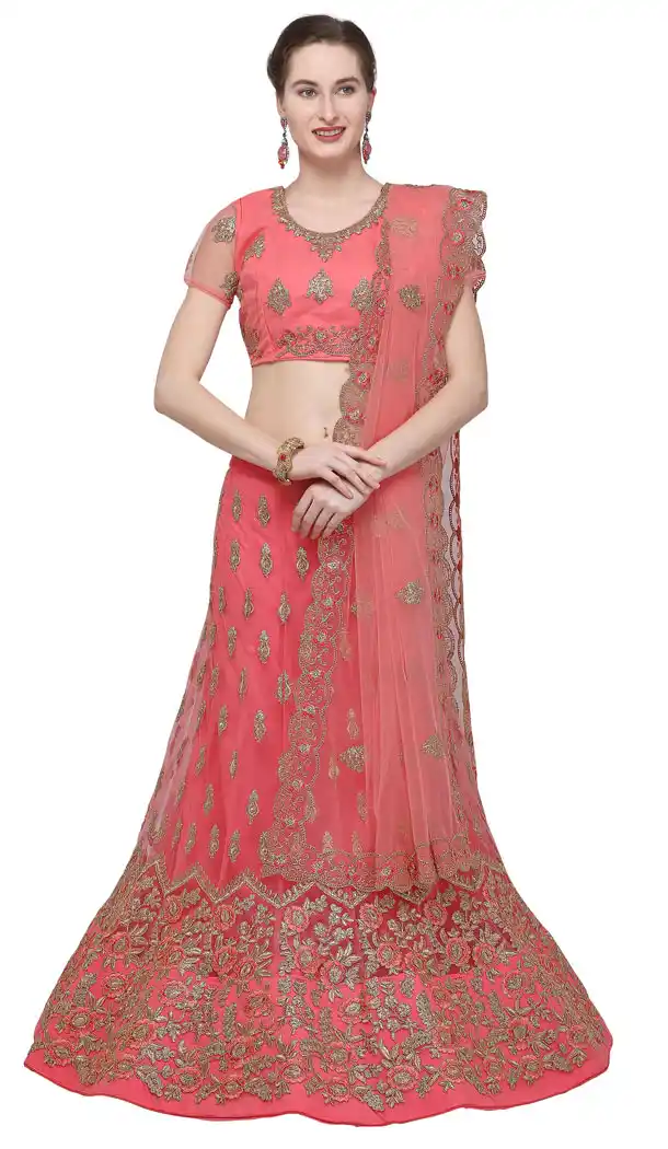 Coral Color Net A Line Treditional Lehenga Choli - 494860784