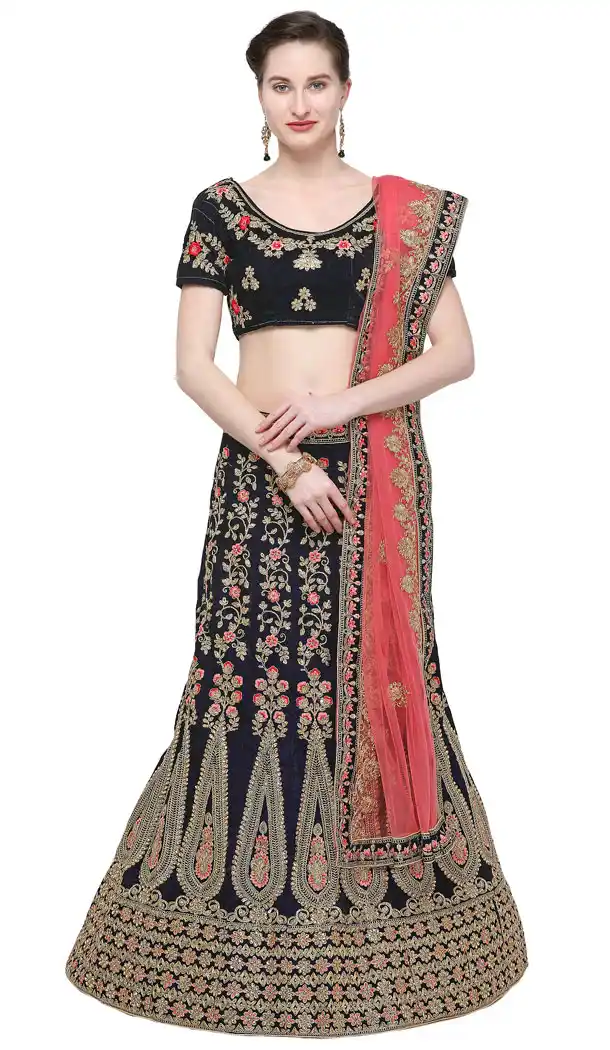 Navy Blue Color Velvet A Line Designer Ghagra Choli - 494960791