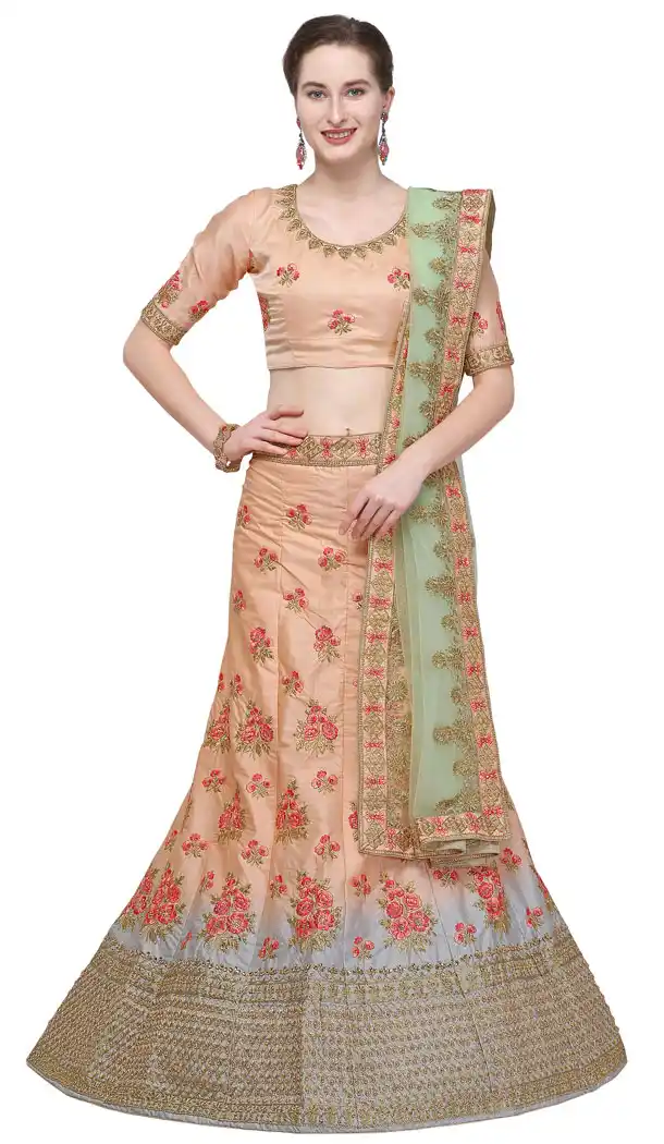 Cream Color Silk Satin A Line Traditional Ghagra Choli - 495060792