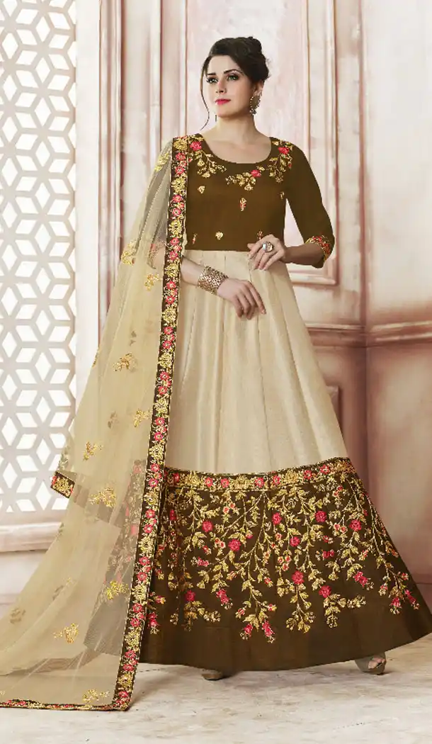 Cream And Brown Color Silk Treditional Plus Size Lehenga Choli - 495460824