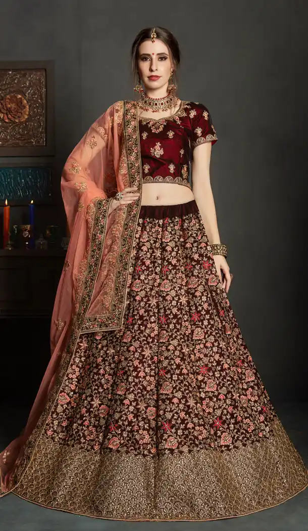 Maroon Color Velvet Wedding and Sangeet Wear Choli Skirts - 62512848