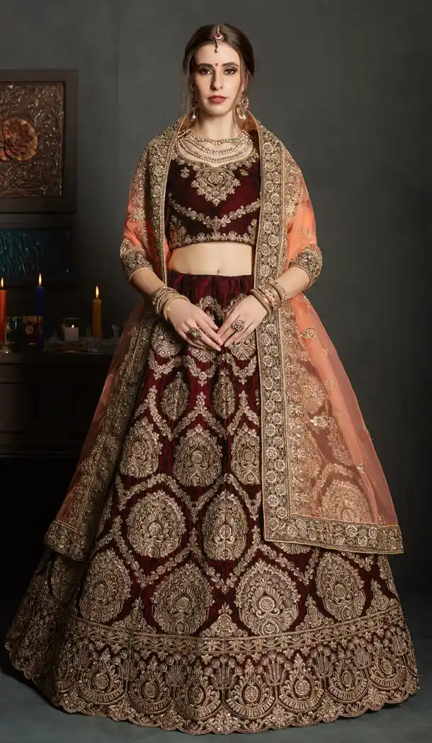 Maroon Color Velvet Wedding and Sangeet Wear Choli Skirts - 62512849