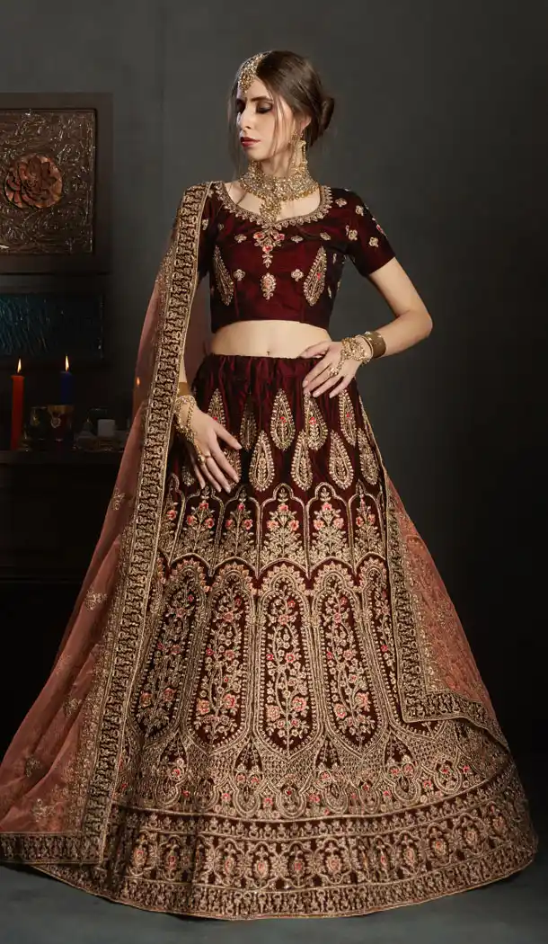Maroon Color Velvet Wedding and Sangeet Wear Choli Skirts - 62512850