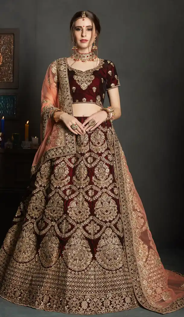 Maroon Color Velvet Wedding and Sangeet Wear Choli Skirts - 62512851
