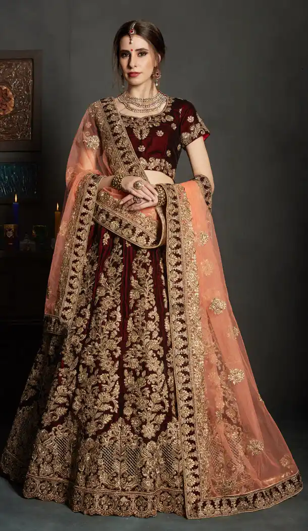 Maroon Color Velvet Wedding and Sangeet Wear Choli Skirts - 62512852