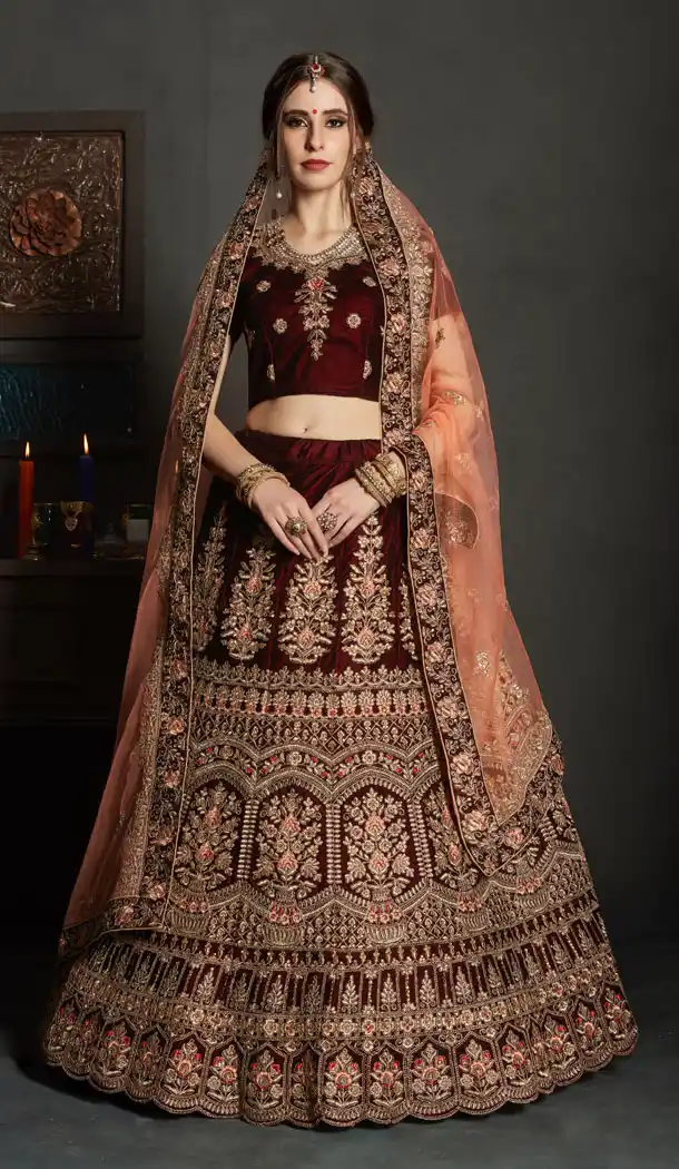 Maroon Color Velvet Wedding and Sangeet Wear Choli Skirts - 62512853