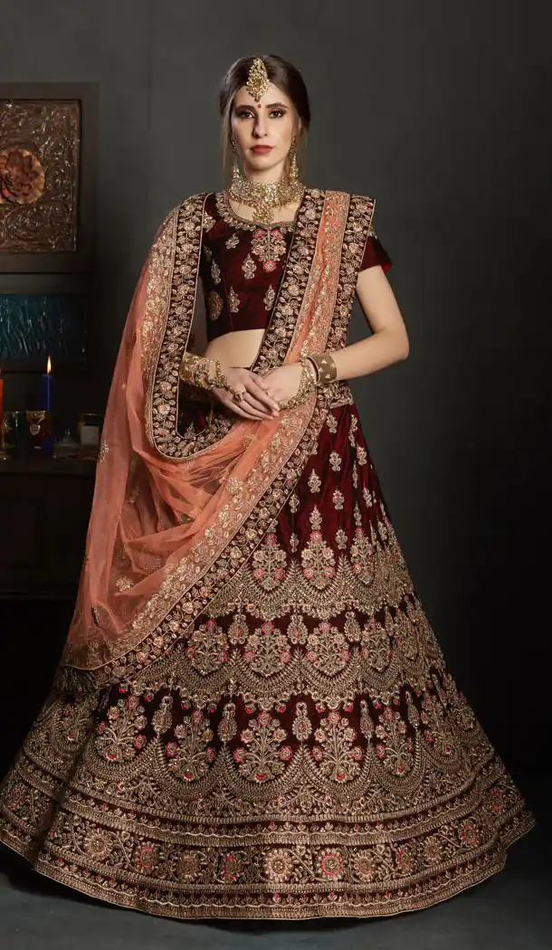 Maroon Color Velvet Wedding and Sangeet Wear Choli Skirts - 62512855