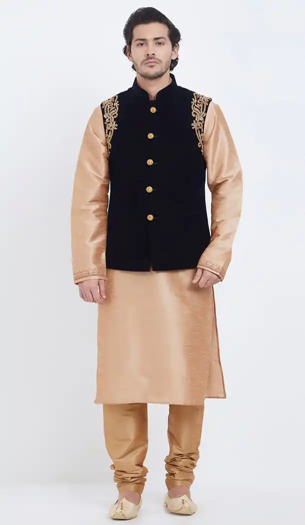 Splendorous Gold Color Art Silk Men Readymade Kurta Payjama With Jacket - 490060323