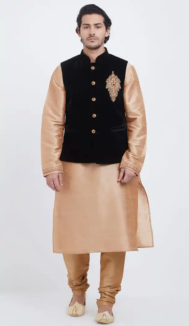 Splendorous Gold Color Art Silk Men Readymade Kurta Payjama With Jacket - 490060324