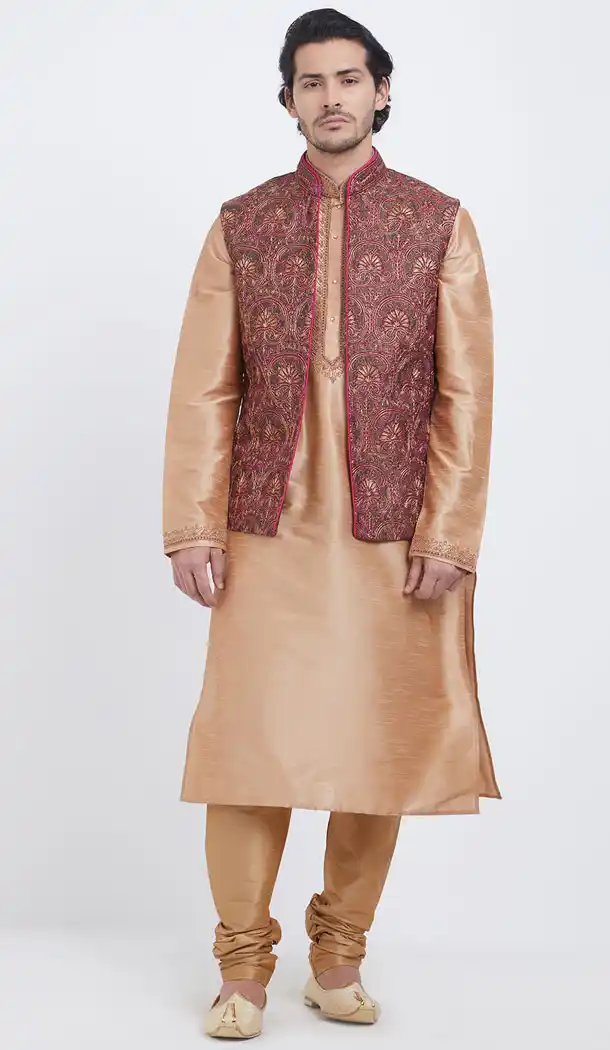 Unique Gold Color Art Silk Men Readymade Kurta Payjama With Jacket - 490060325
