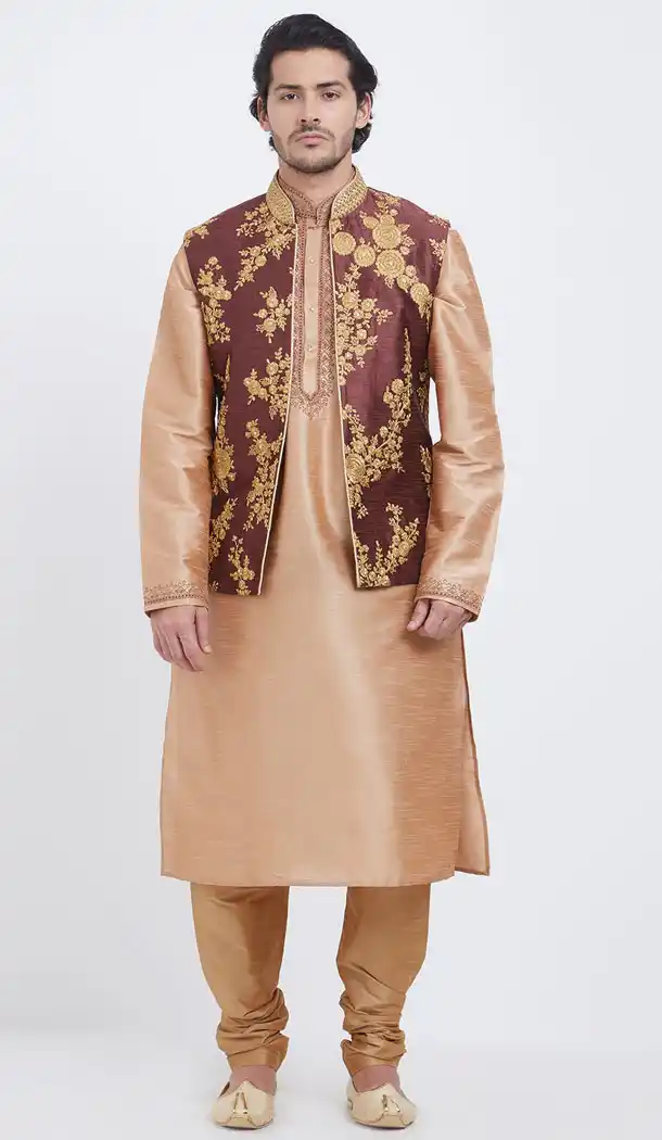 Scintillating Gold Color Art Silk Men Readymade Kurta Payjama With Jacket - 490060327