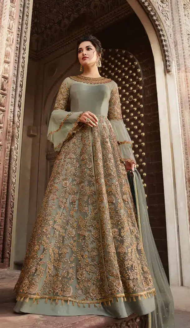 Steel Green Color Net Designer Long Lehenga Suit - 495260811