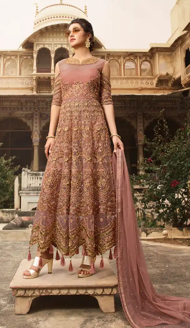 Light Brown Color Net Designer Long Lehenga Suit - 495260812