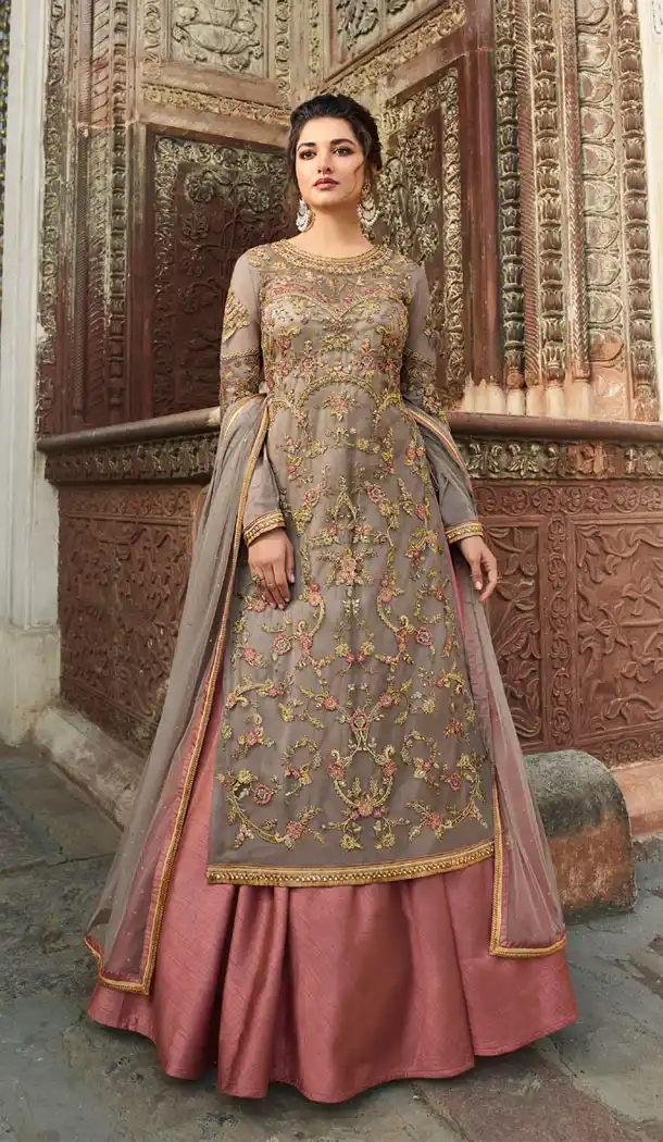 Grey Color Net Designer Long Lehenga Suit - 495260813