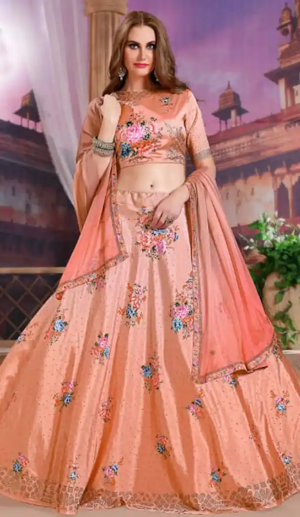 Peach Color Maxico Satin Silk Designer Ghagra Choli - 495360815