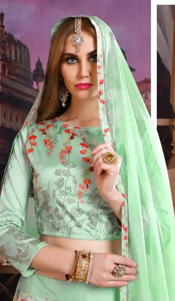Light Green Color Maxico Satin Silk Designer Ghagra Choli - 495360817