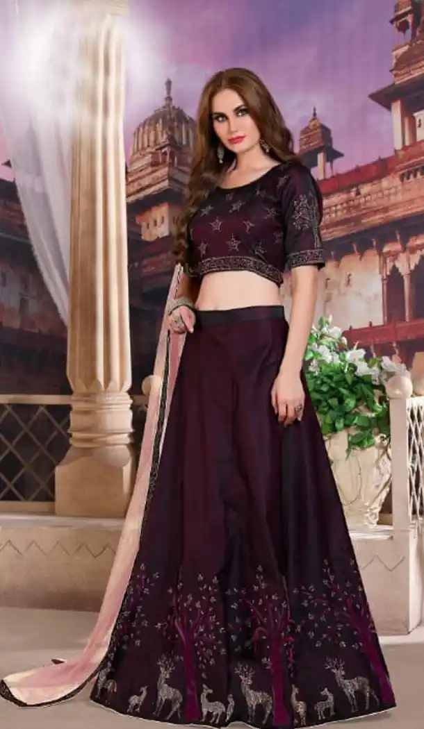 Wine Color Italian Silk Designer Ghagra Choli - 495360818