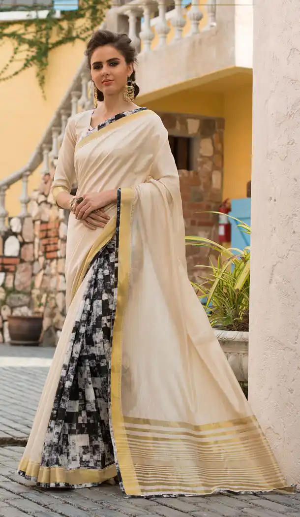 Cream Color Art Silk Digital Print Pallu Casual Party Sarees - 495660850