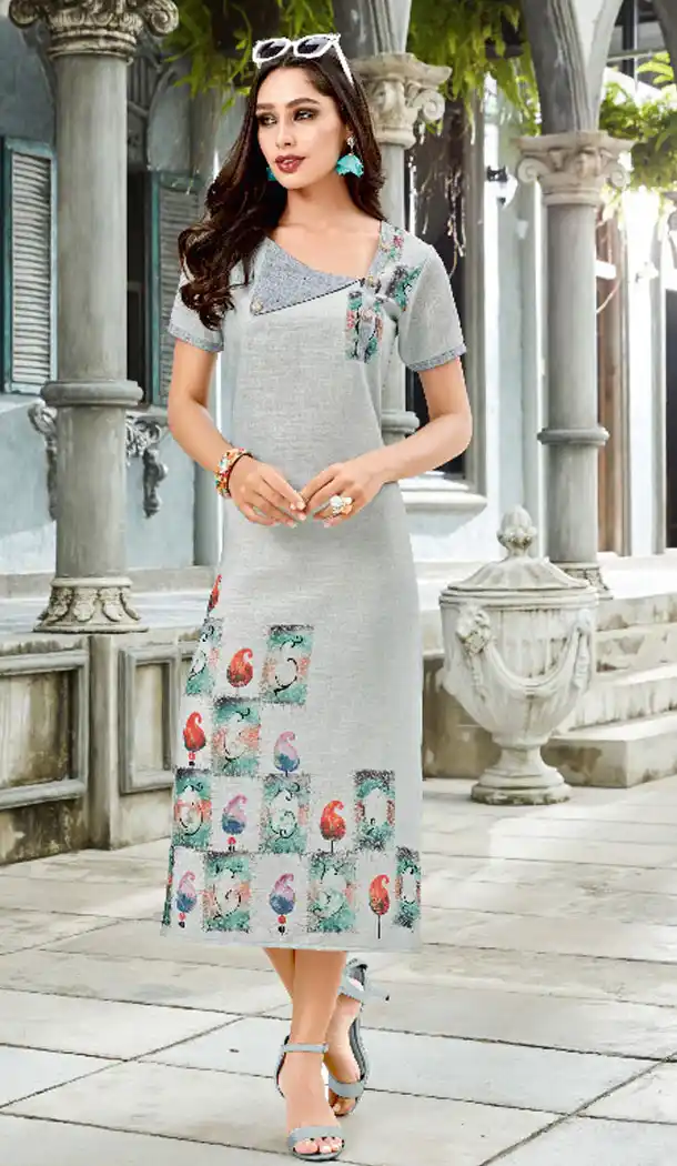 Grey Color Linen Casual Party Readymade Kurti - 497161044