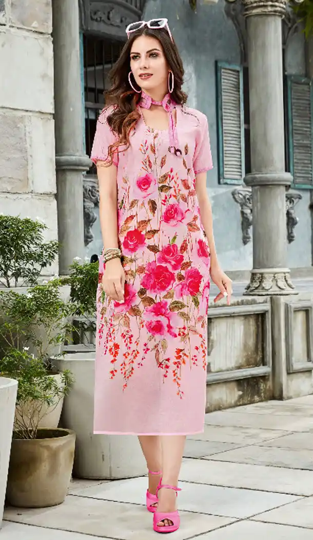 Pink Color Linen Casual Party Readymade Kurti - 497161049