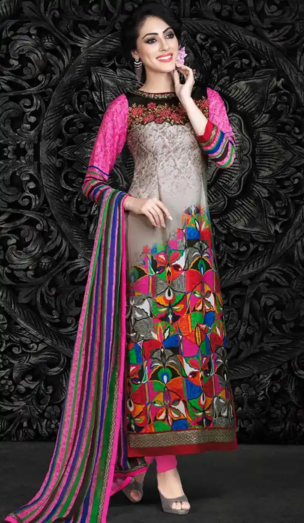 Grey and Multicolor Faux Crepe and Velvet Kameez with Straight Pant