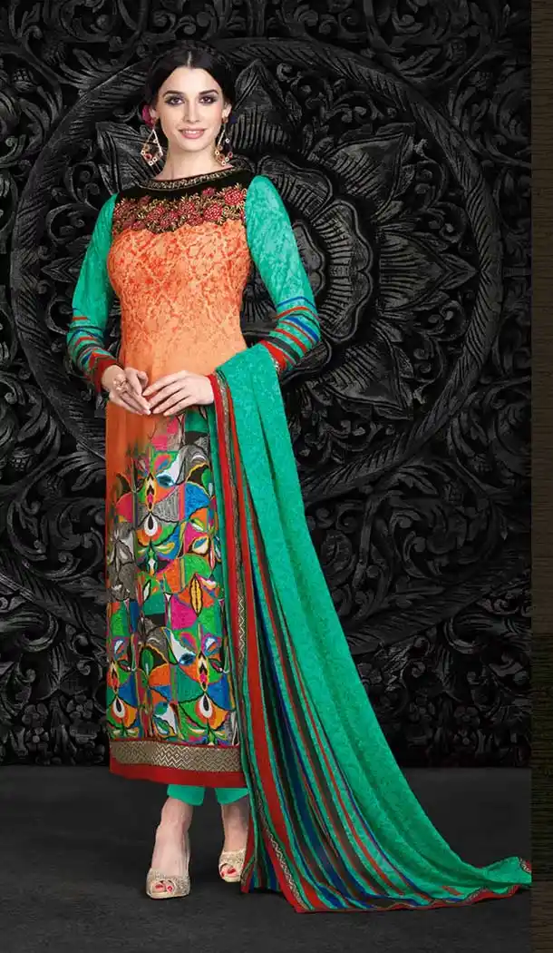 Orange and Multicolor Faux Crepe and Velvet Kameez with Straight Pant FH663-3105
