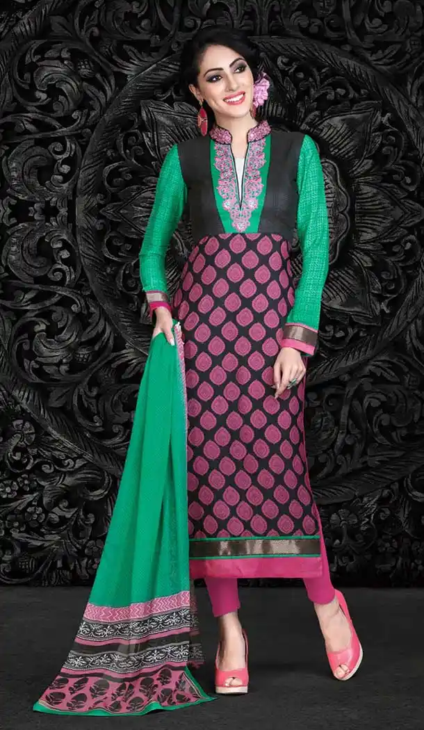 Black Faux Crepe and Art Silk Kameez with Straight Pant FH663-3112