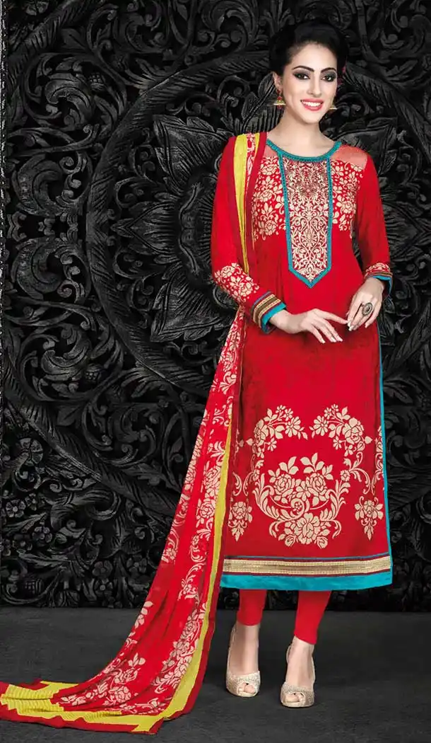 Red Faux Crepe and Net Kameez with Straight Pant FH663-3113