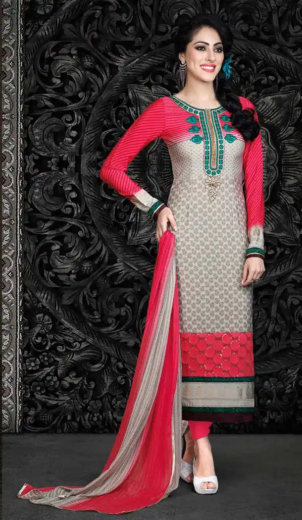 Light Fawn and Red Faux Crepe Kameez with Straight Pant FH663-3114