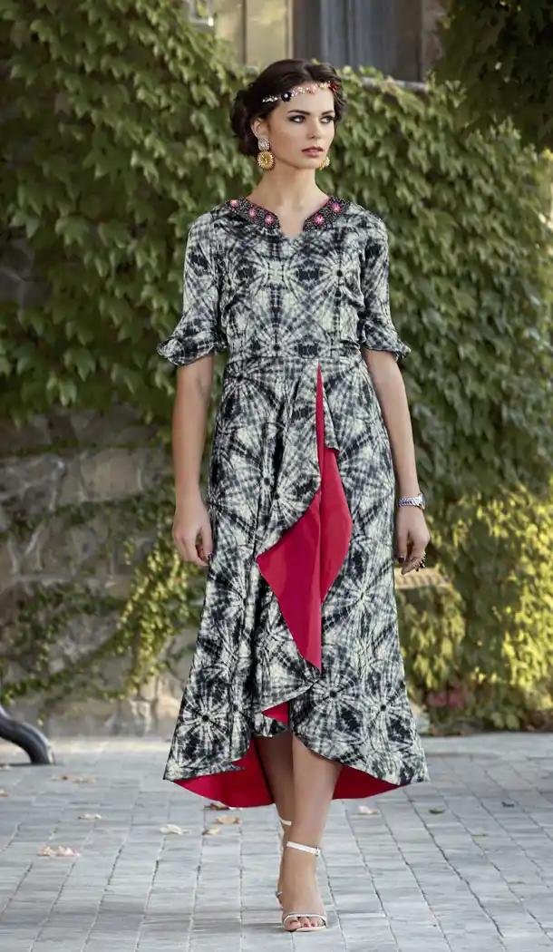 Black And Red Color Satin Designer Long Readymade Kurti - 497361064